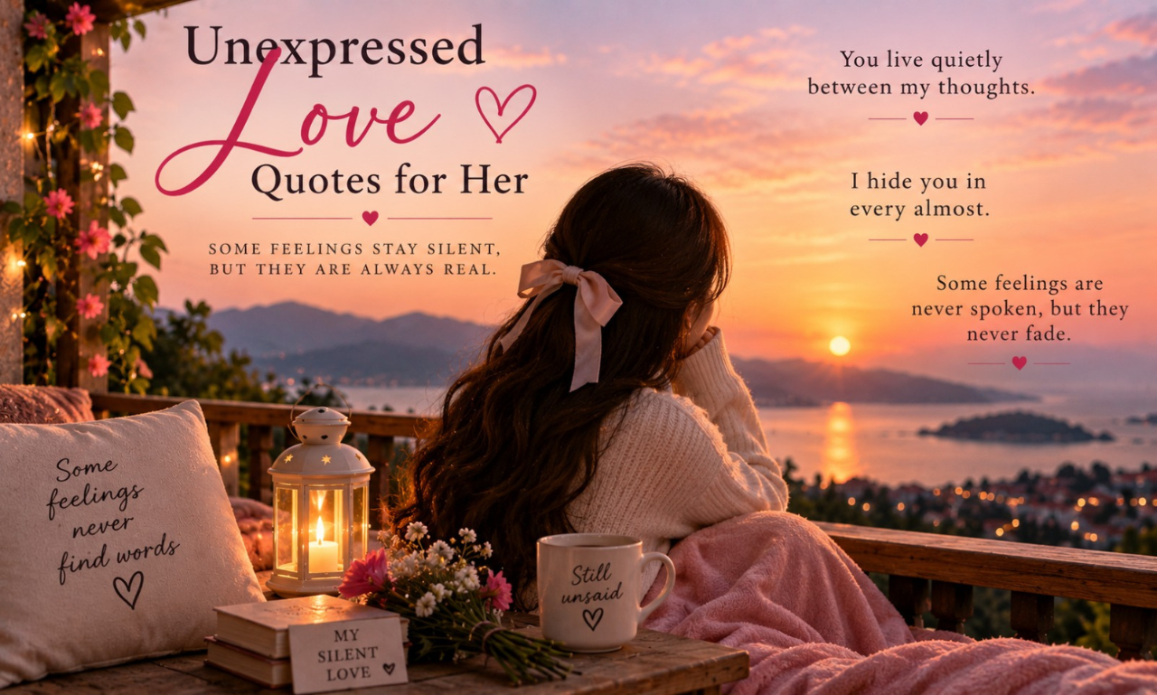 A woman looking at a sunset from a cozy balcony, titled Unexpressed Love Quotes for Her.