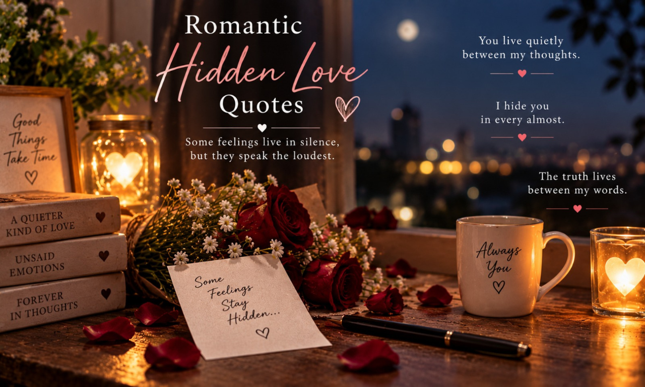 Nighttime balcony setup with red roses, candle jars, and books titled Romantic Hidden Love Quotes.