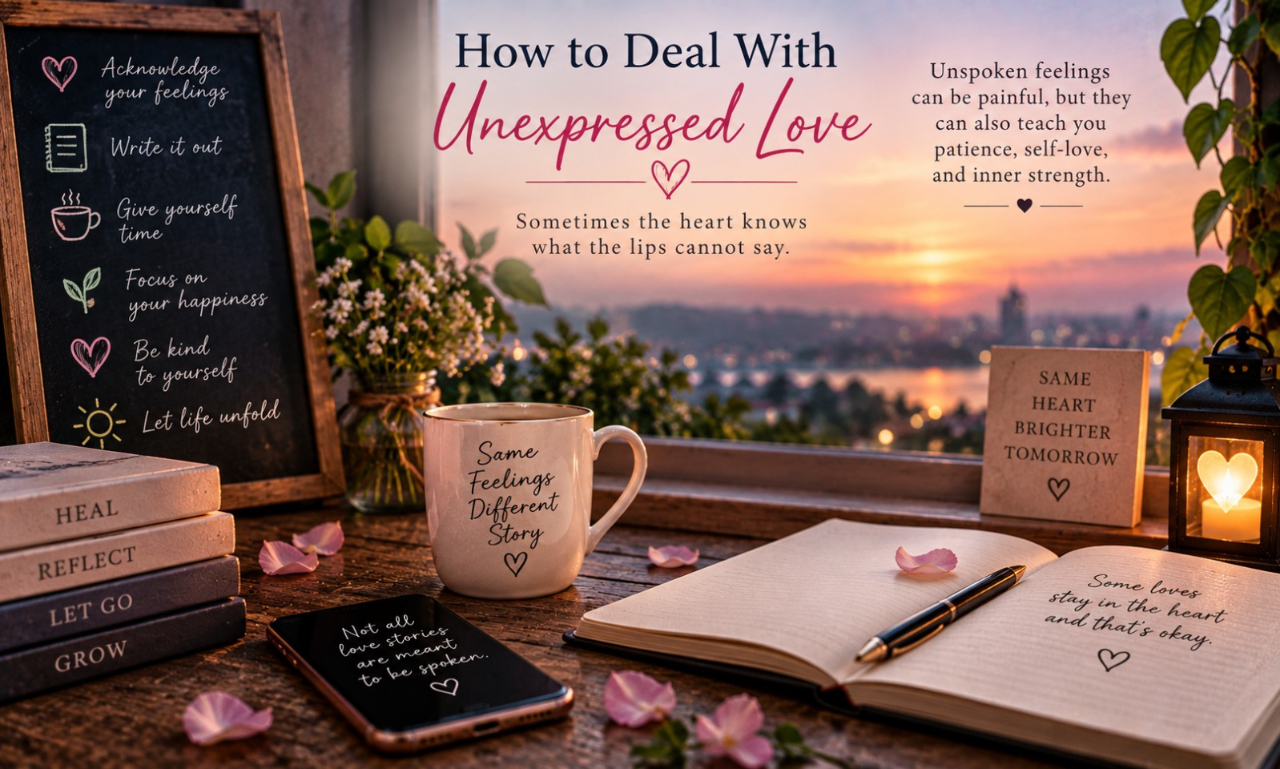 A cozy window setup at sunset with a journal, coffee mug, and chalkboard titled How to Deal With Unexpressed Love.