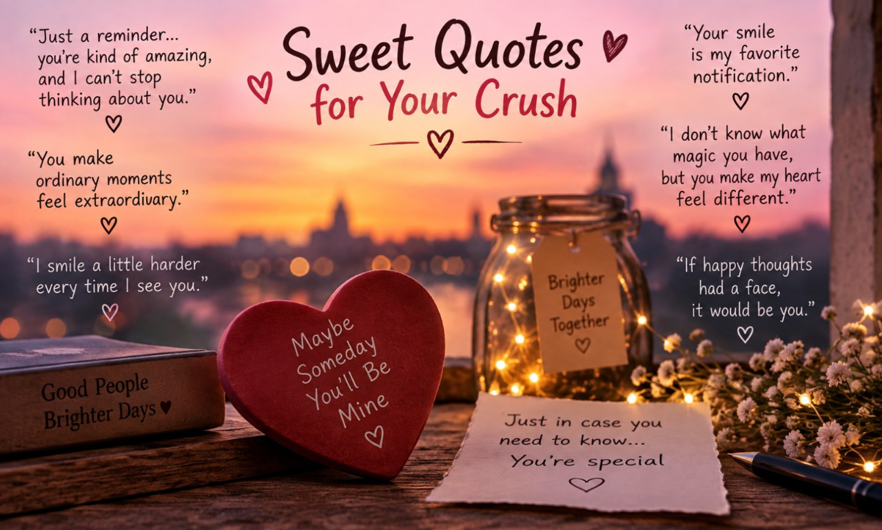 A sunset window sill with a red heart, glass fairy light jar, and notes titled Sweet Quotes for Your Crush.