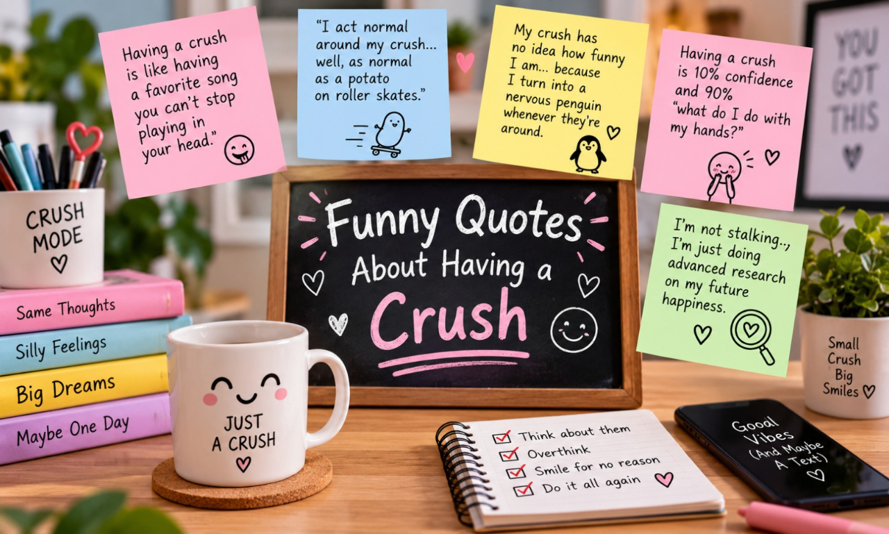 A colorful desk setup with sticky notes, a chalkboard, and a mug titled Funny Quotes About Having a Crush.