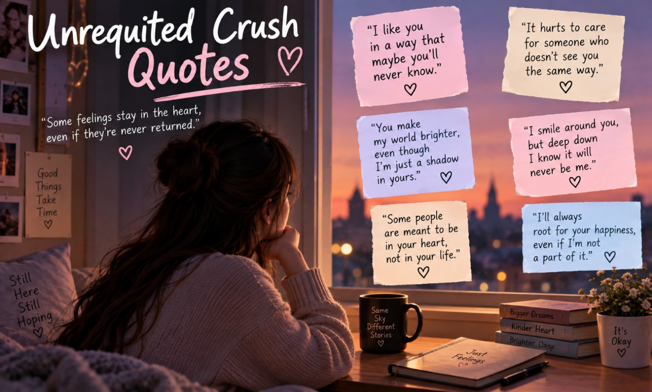 A woman looking out a window at sunset surrounded by sticky notes titled Unrequited Crush Quotes.