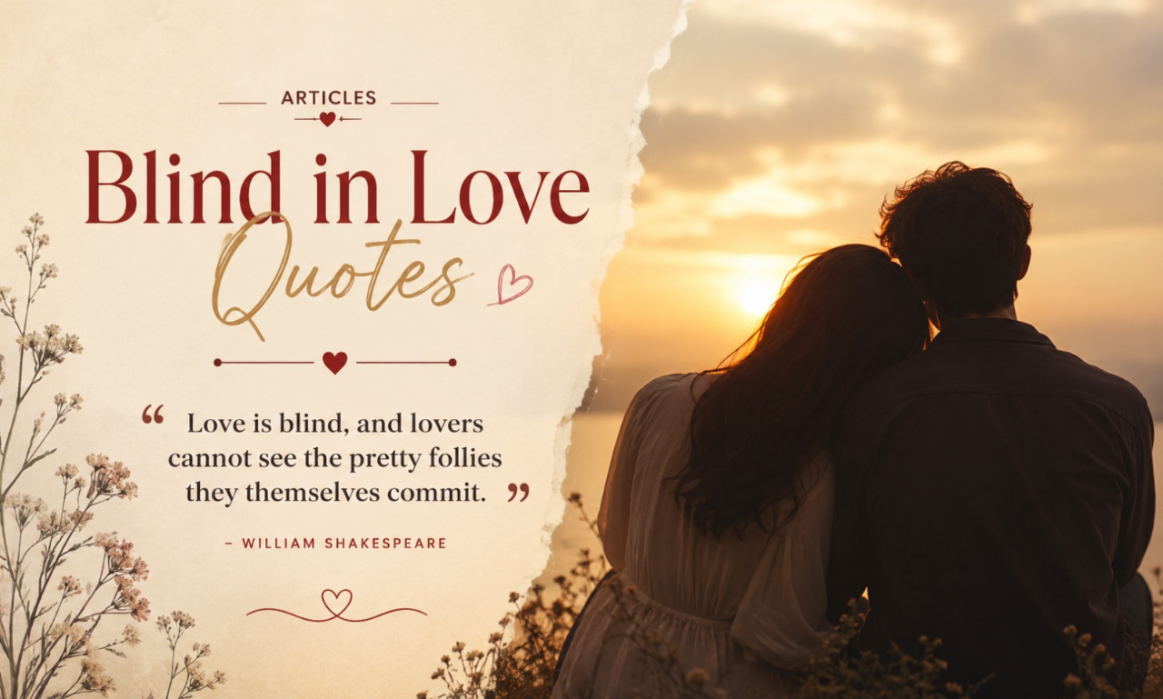 Silhouette of a couple sitting together at sunset with a quote graphic titled Blind in Love Quotes.