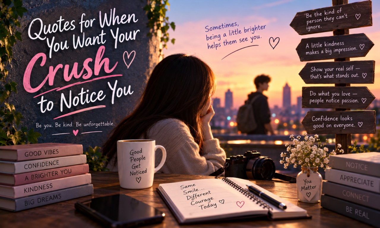A woman sitting at a desk watching a figure in the background with text reading Quotes for When You Want Your Crush to Notice You.
