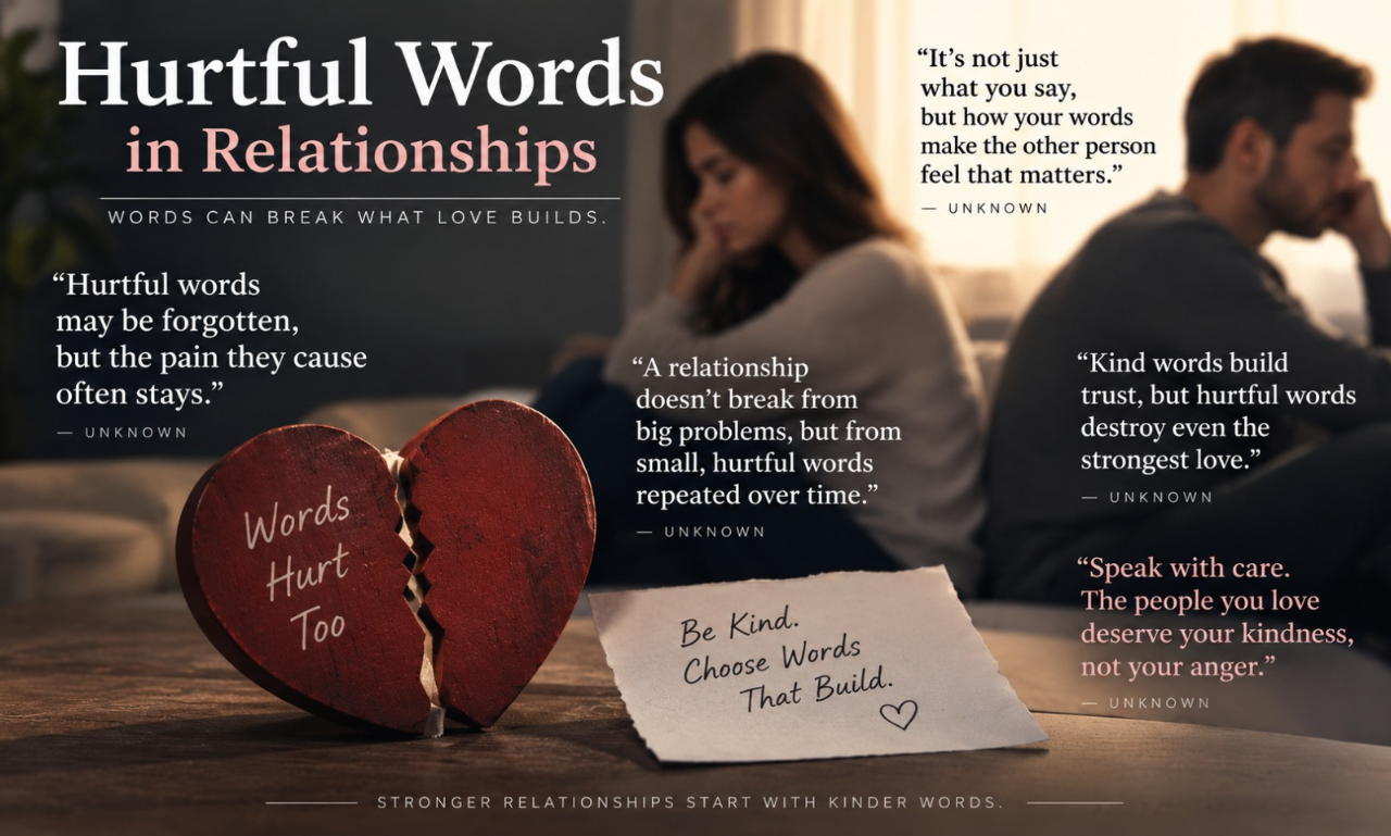 A split heart wooden prop and note next to a distant couple titled Hurtful Words in Relationships.