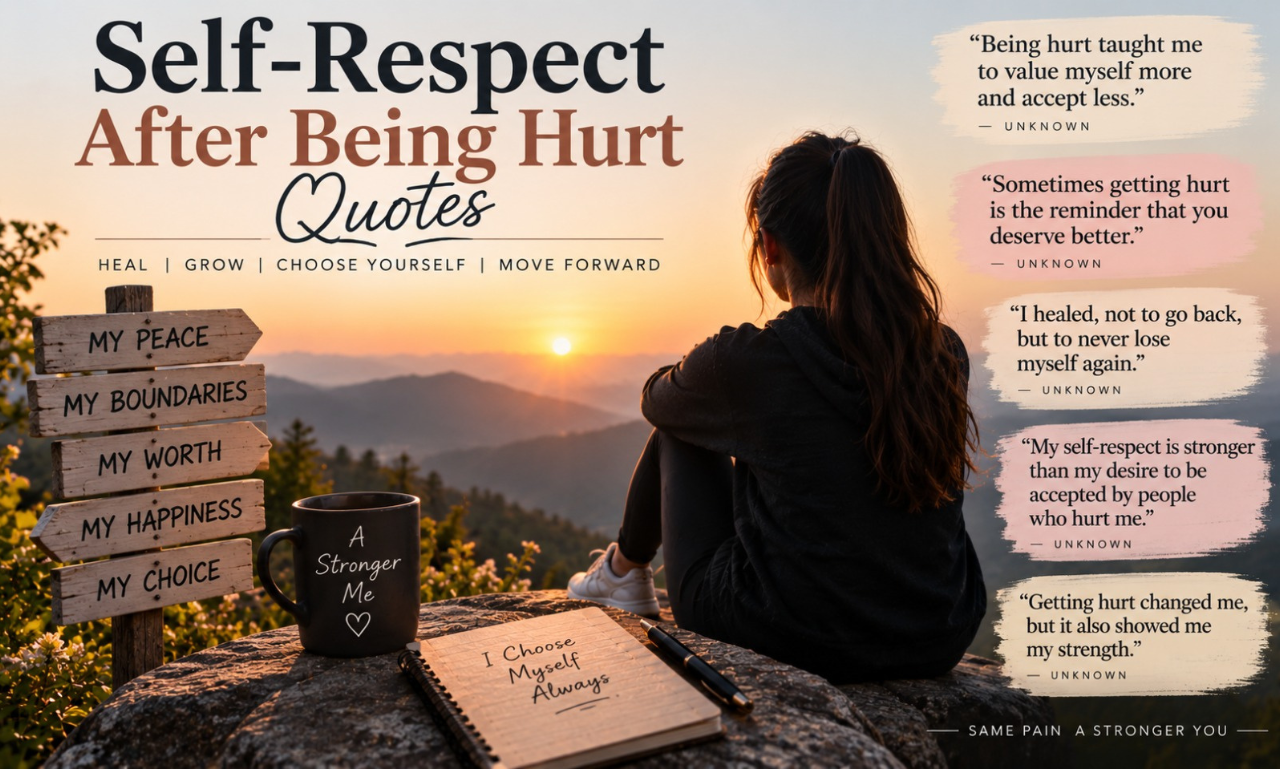 A woman sitting on a mountain ledge looking at sunset with wooden signposts titled Self-Respect After Being Hurt Quotes.