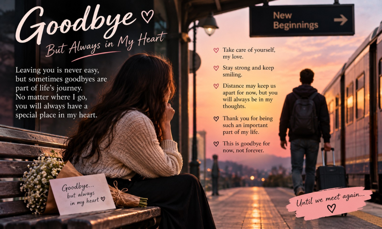 A red rose, card, and lantern against a sunset view, titled Goodbye My Love.