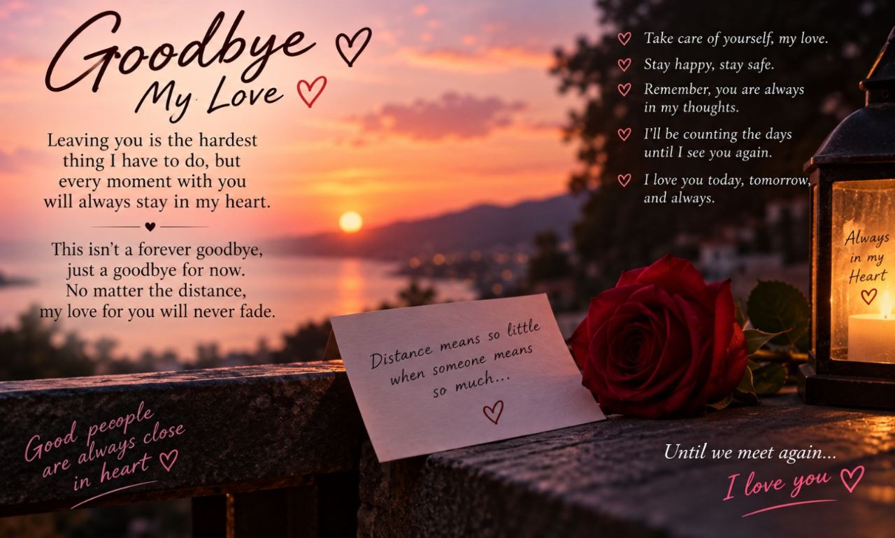 A red rose, card, and lantern against a sunset view, titled Goodbye My Love.D