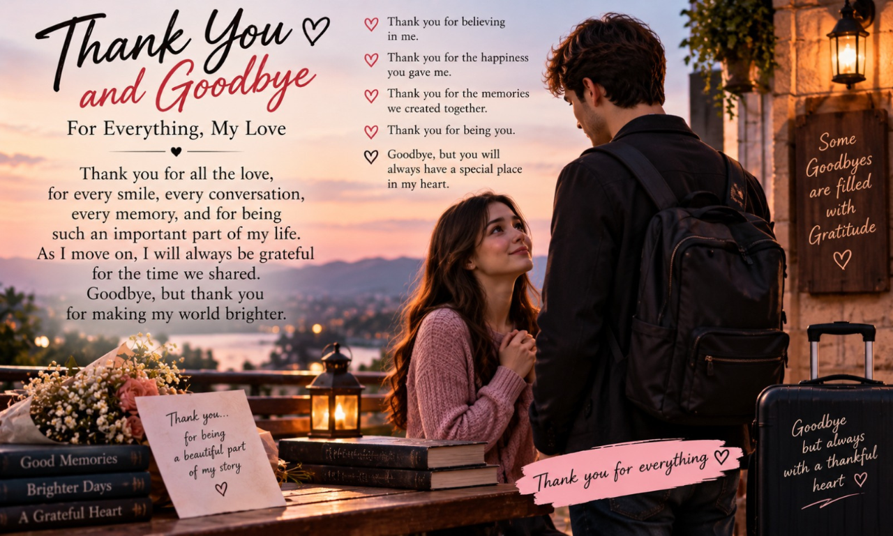 A woman looking up at a man with a backpack titled Thank You and Goodbye For Everything, My Love.