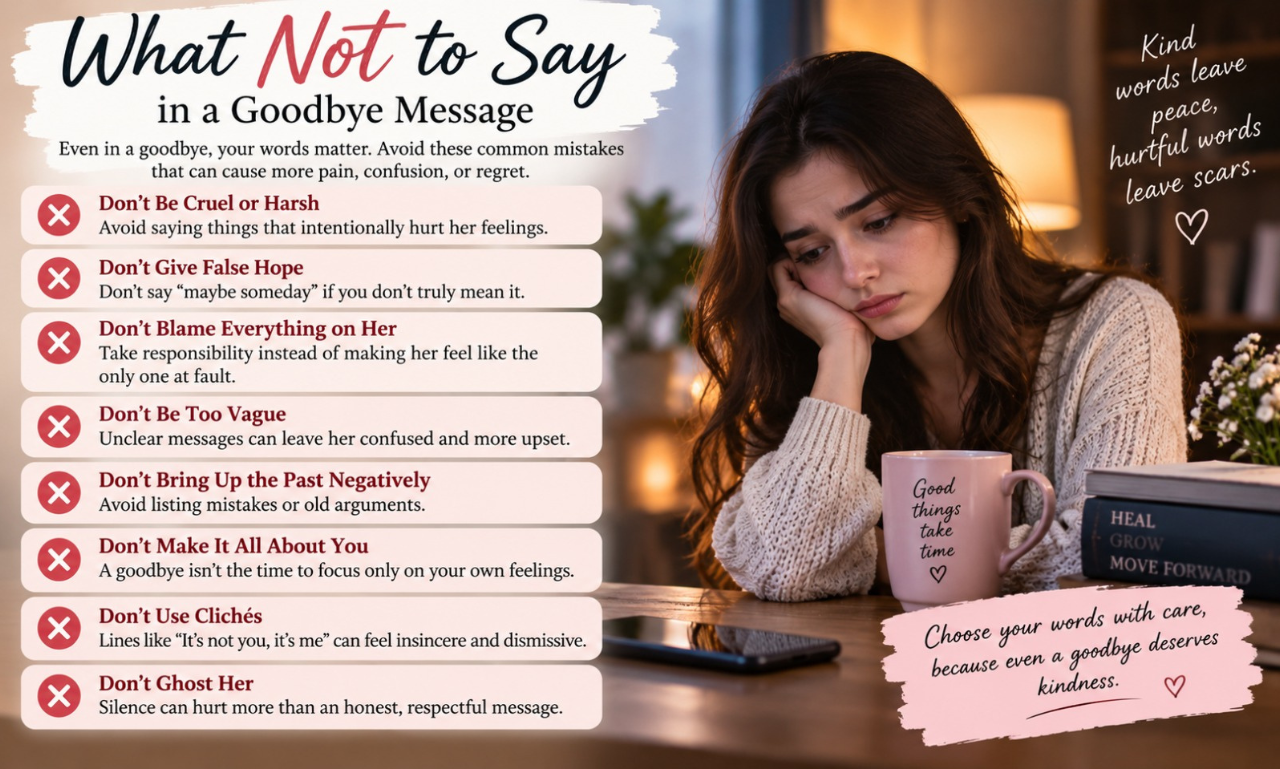 A sad woman resting her chin on her hand beside a list of mistakes titled What Not to Say in a Goodbye Message.