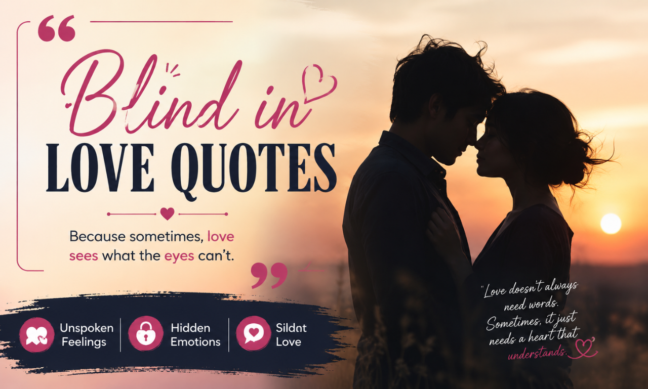 Silhouette of a romantic couple standing close at sunset with text reading Blind in Love Quotes.