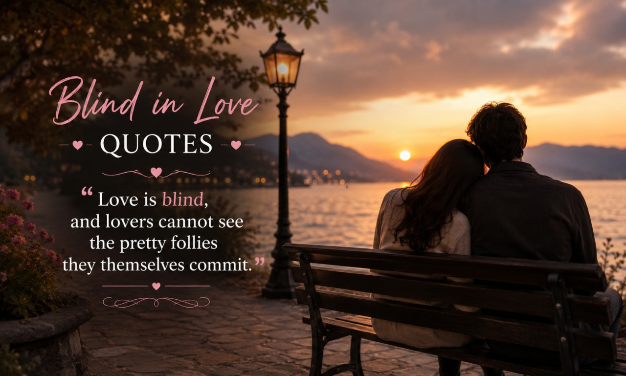 Couple sitting on a bench overlooking a lake at sunset with Blind in Love Quotes overlay text.