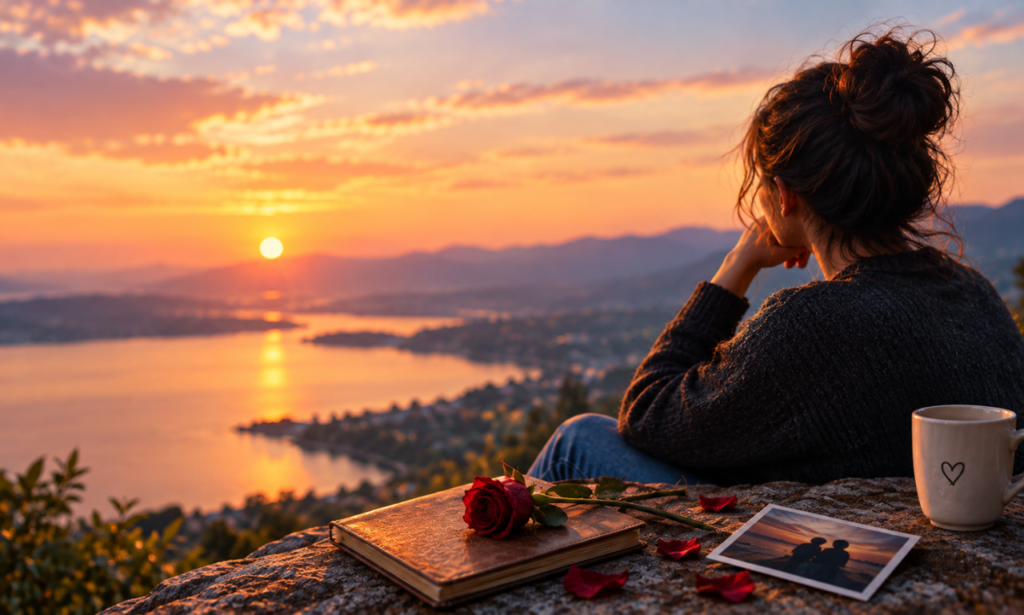 A woman reflecting at sunset beside a journal, red rose, and memory photo, symbolizing love, regret, heartbreak, and emotional healing.