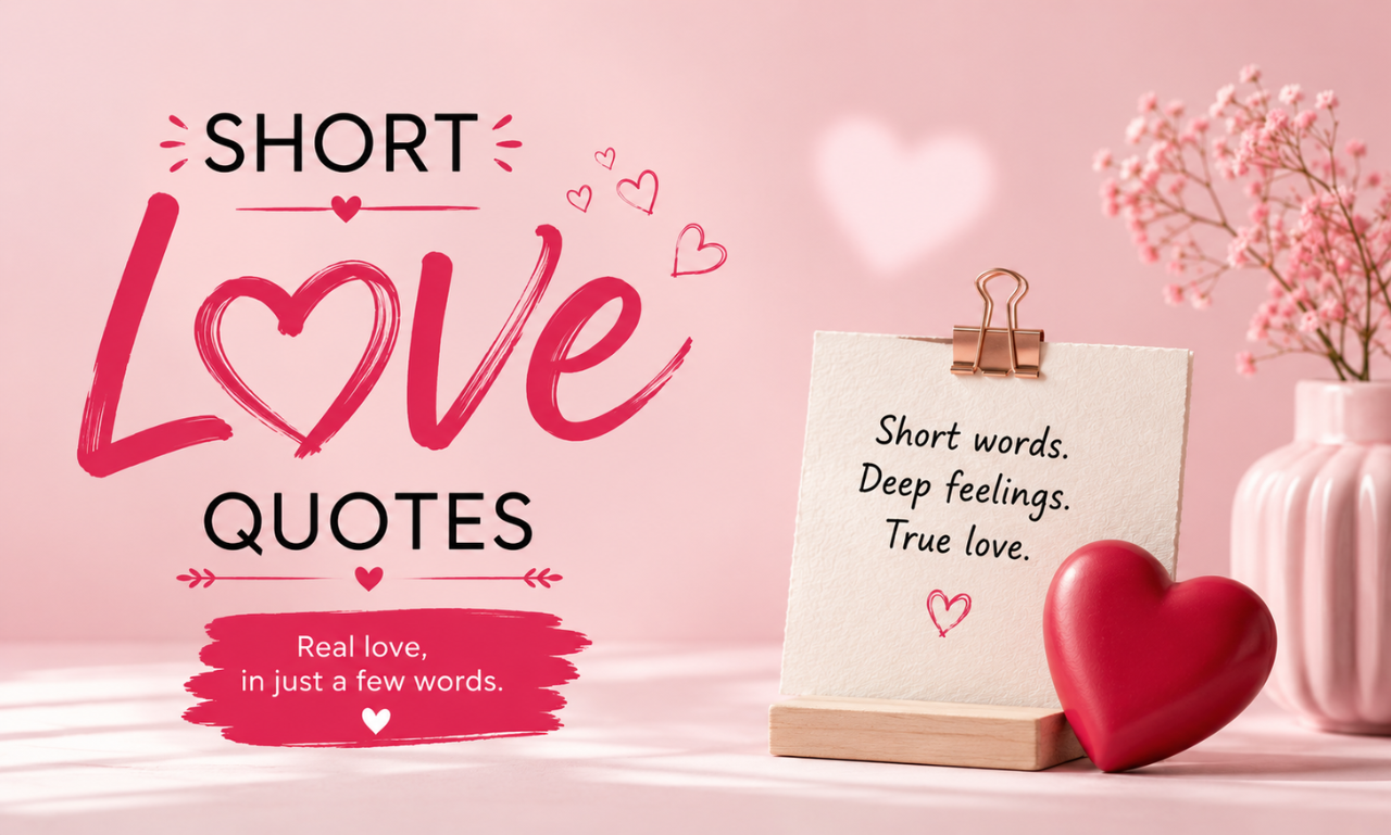 Pink graphic with text reading Short Love Quotes next to a heart ornament and note card.
