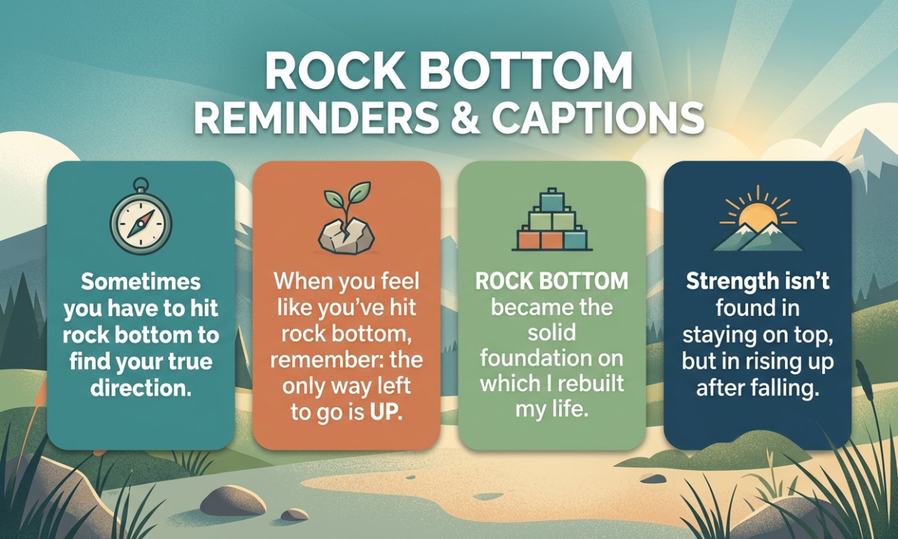 An graphic illustration titled "Rock Bottom Reminders & Captions" set against a peaceful mountain landscape. The image features four colorful cards, each displaying an icon and a motivational quote: