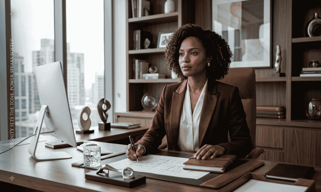 Classy attitude strong woman quotes showing a confident professional woman reflecting on strength, leadership, and personal growth