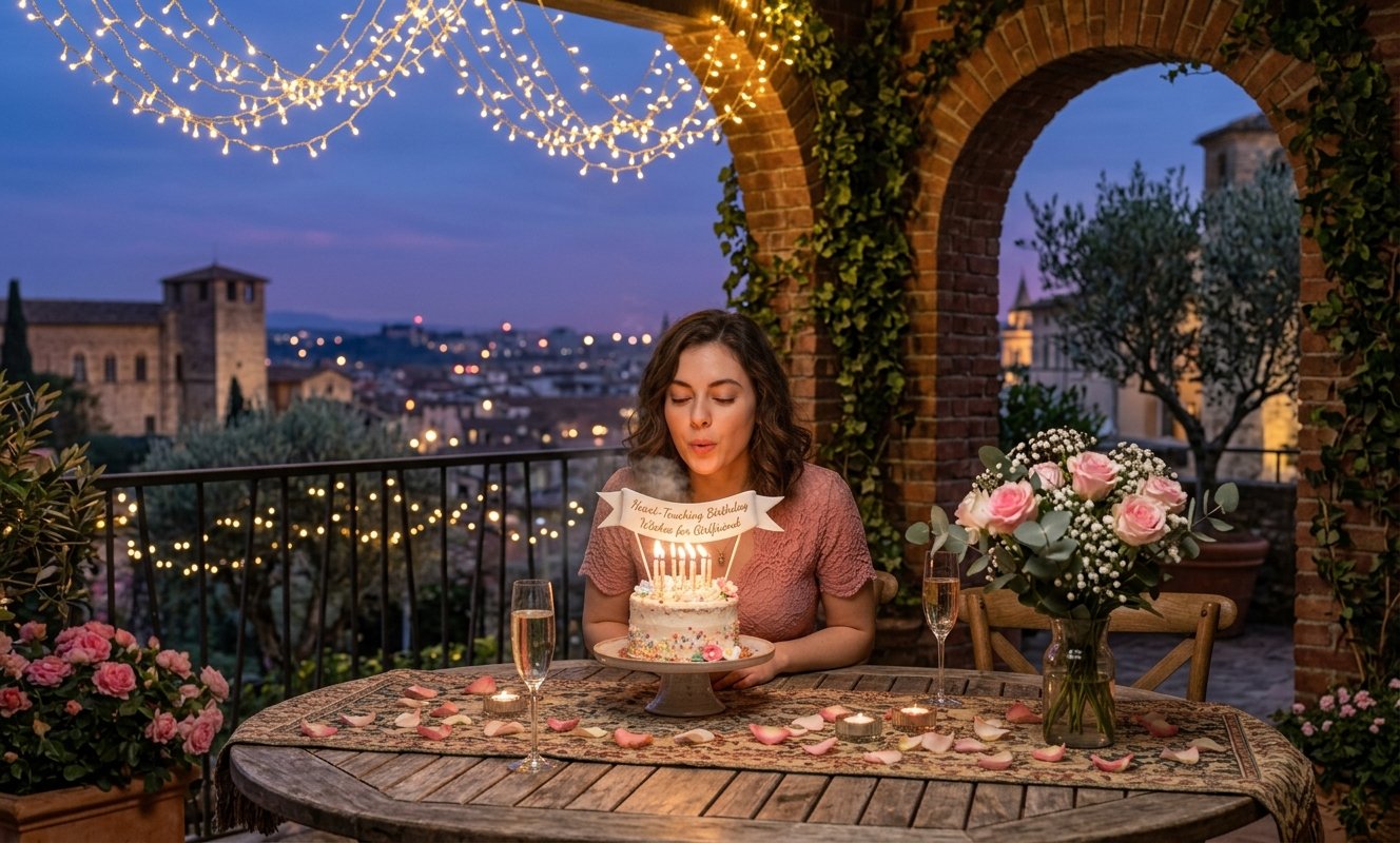 Romantic birthday celebration for girlfriend with cake, flowers, and lights