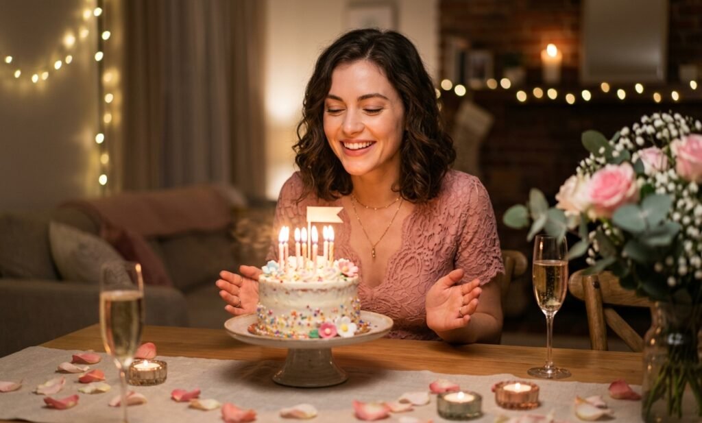 Romantic birthday wishes for girlfriend with flowers and birthday celebration