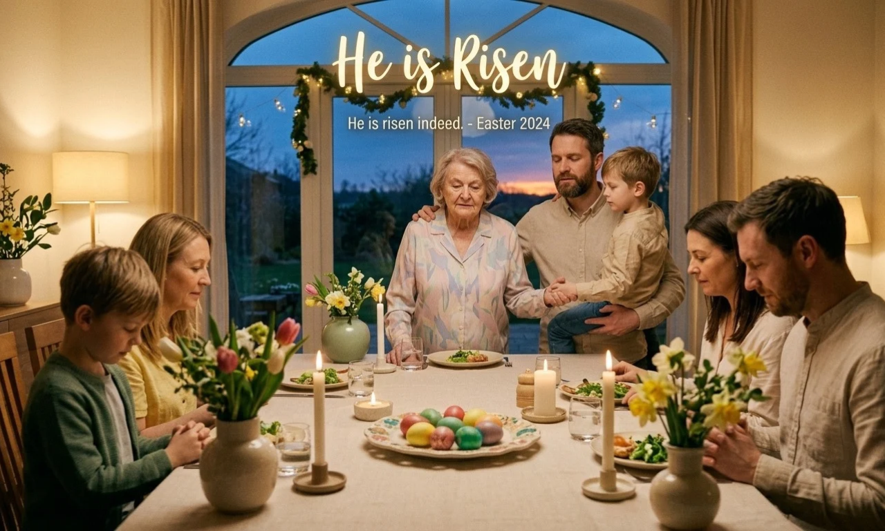 He is risen Easter messages image showing a Christian family praying together at an Easter dinner table