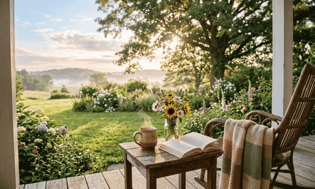 Saturday blessings images and quotes with flowers, coffee, and a peaceful morning view