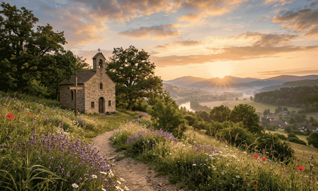 Saturday blessings with a peaceful church, flowers, and golden sunrise
