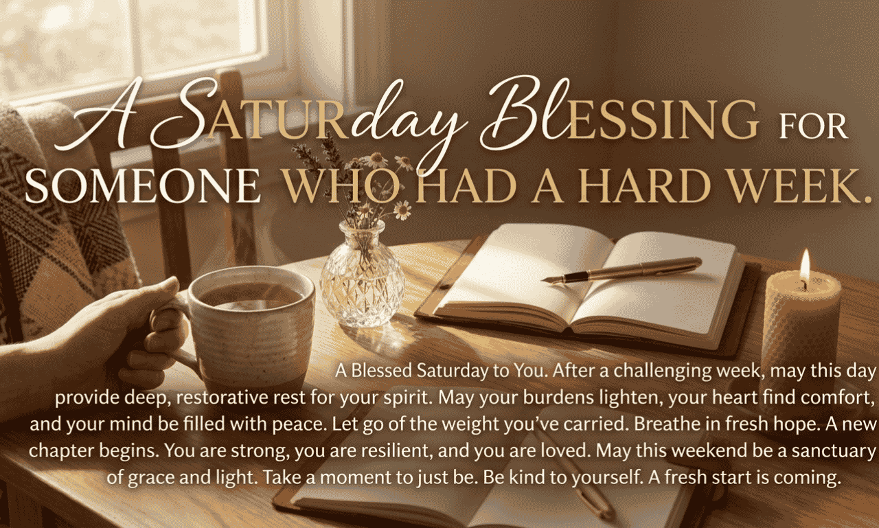 Saturday blessings for someone who had a hard week with tea, journal, candle and peaceful morning light