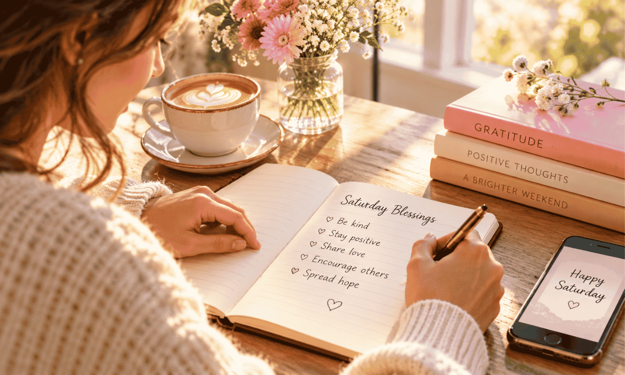 How to write a meaningful Saturday blessing with a journal, coffee, flowers, and a Happy Saturday message
