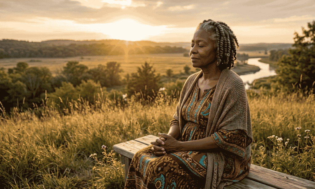 African American spiritual Friday blessings with a woman praying at sunrise