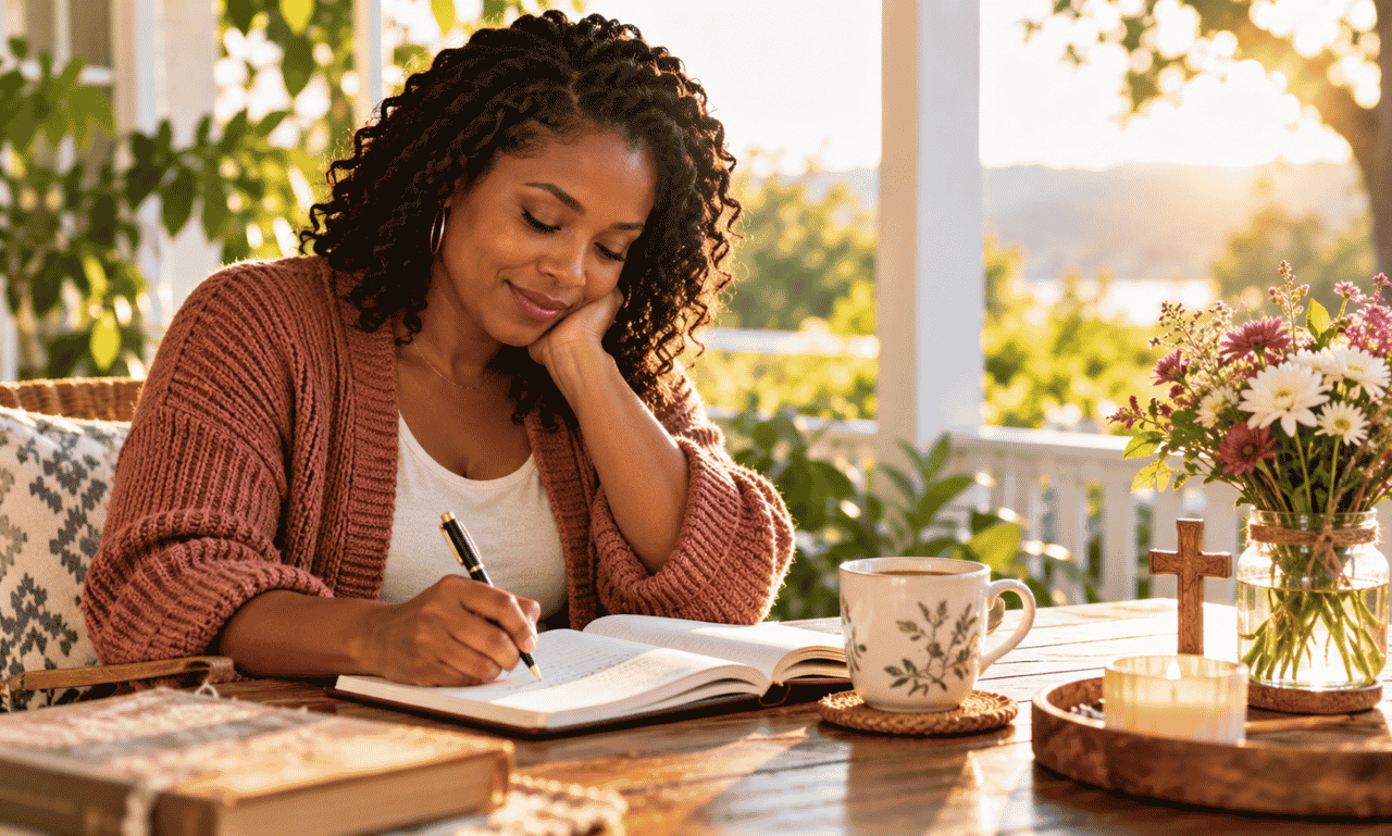 African American woman writing a meaningful Friday blessing in a journal with coffee, flowers, and a cross nearby