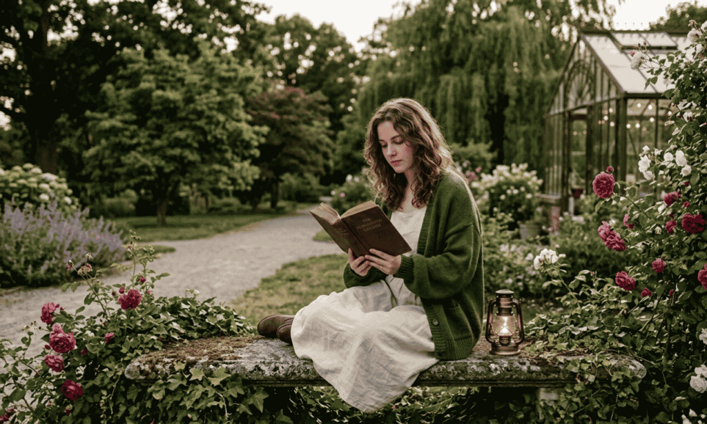 Have a blessed day image of a woman reading in a peaceful flower garden