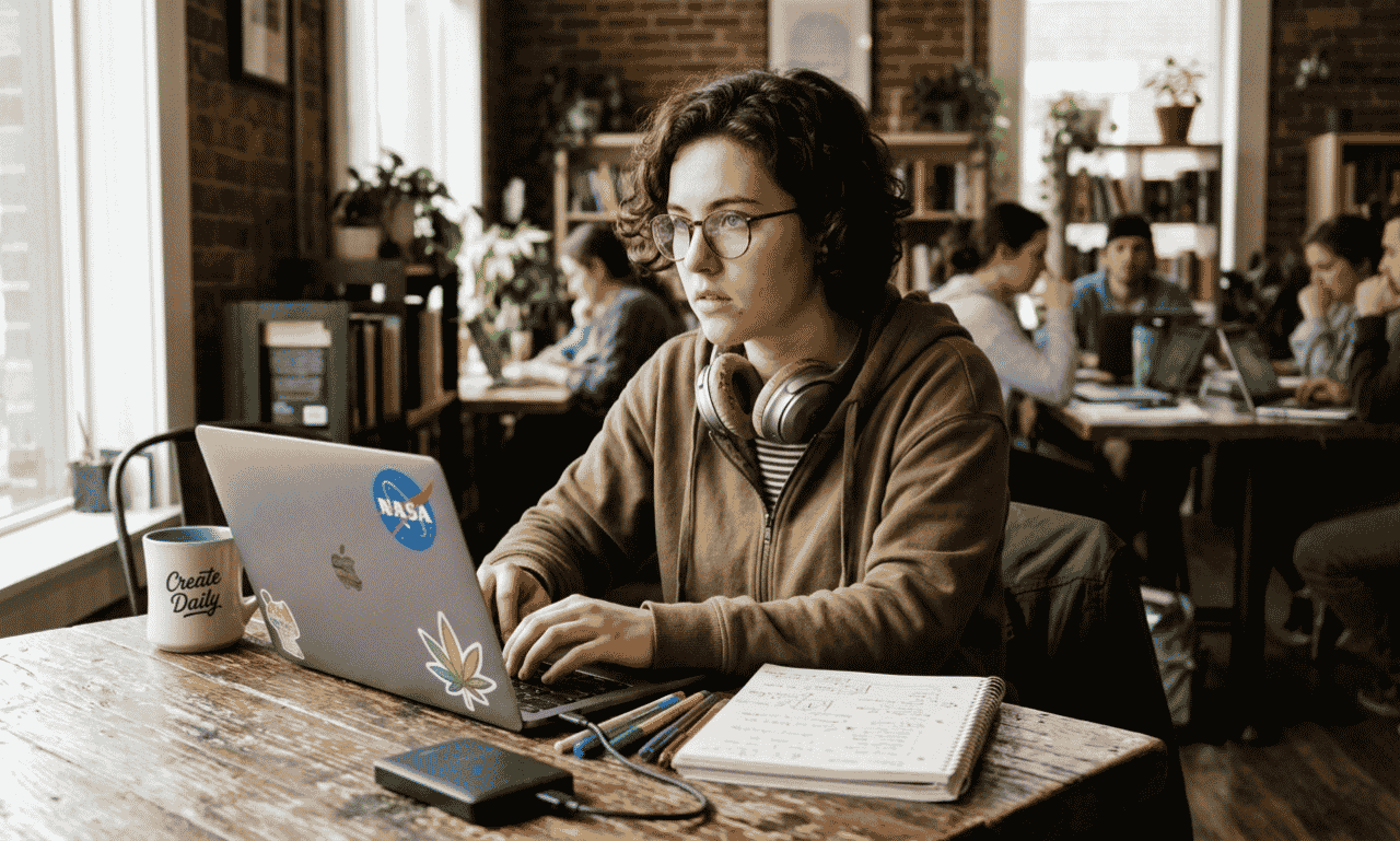 Have a blessed day image of a person working on a laptop in a shared workspace
