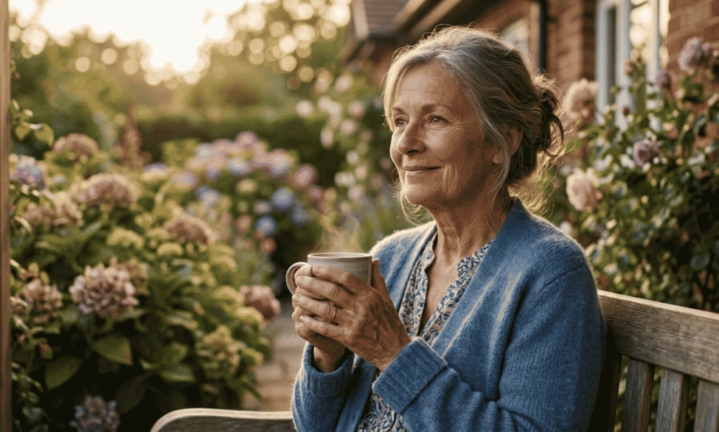 Blessings images and quotes showing an older woman holding a warm drink in a peaceful garden