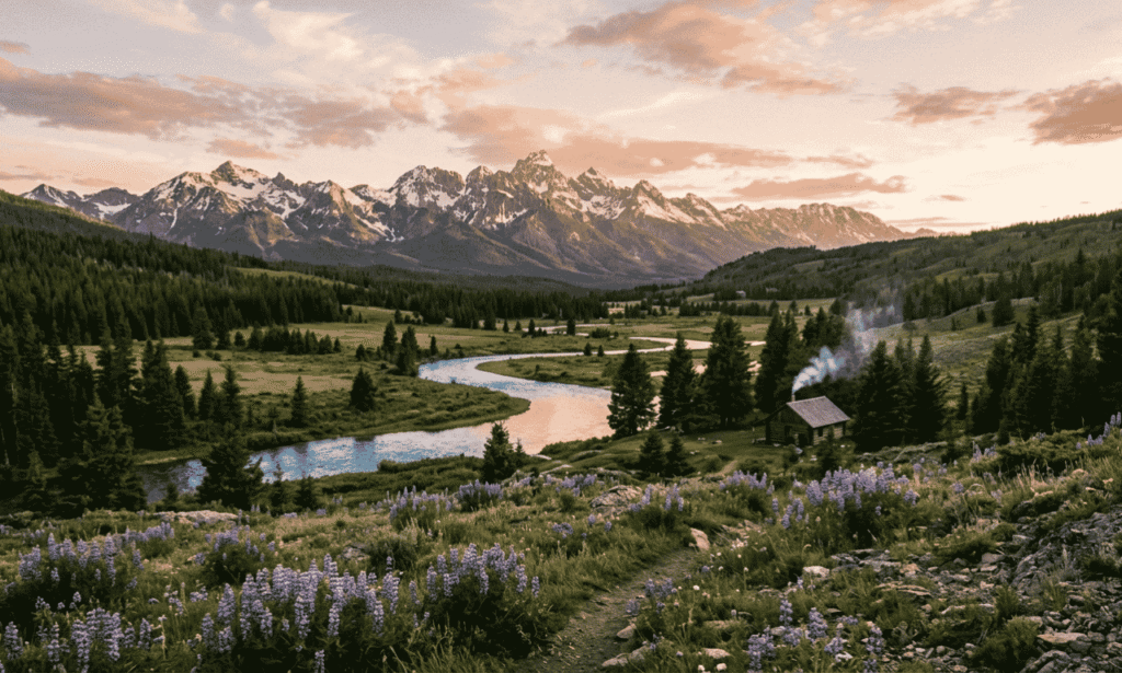 New week blessing image with a peaceful mountain sunrise, winding river, and wildflowers