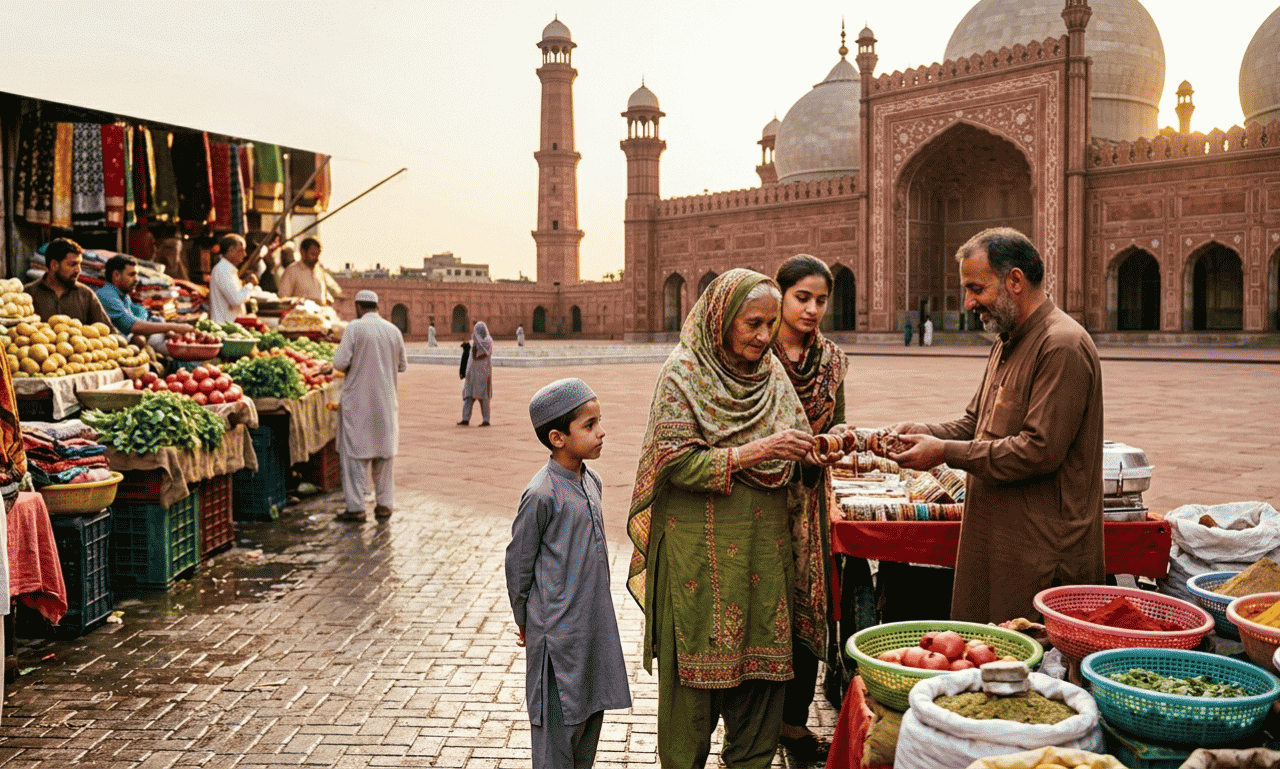 New week blessing image of a family shopping at a market beside a mosque
