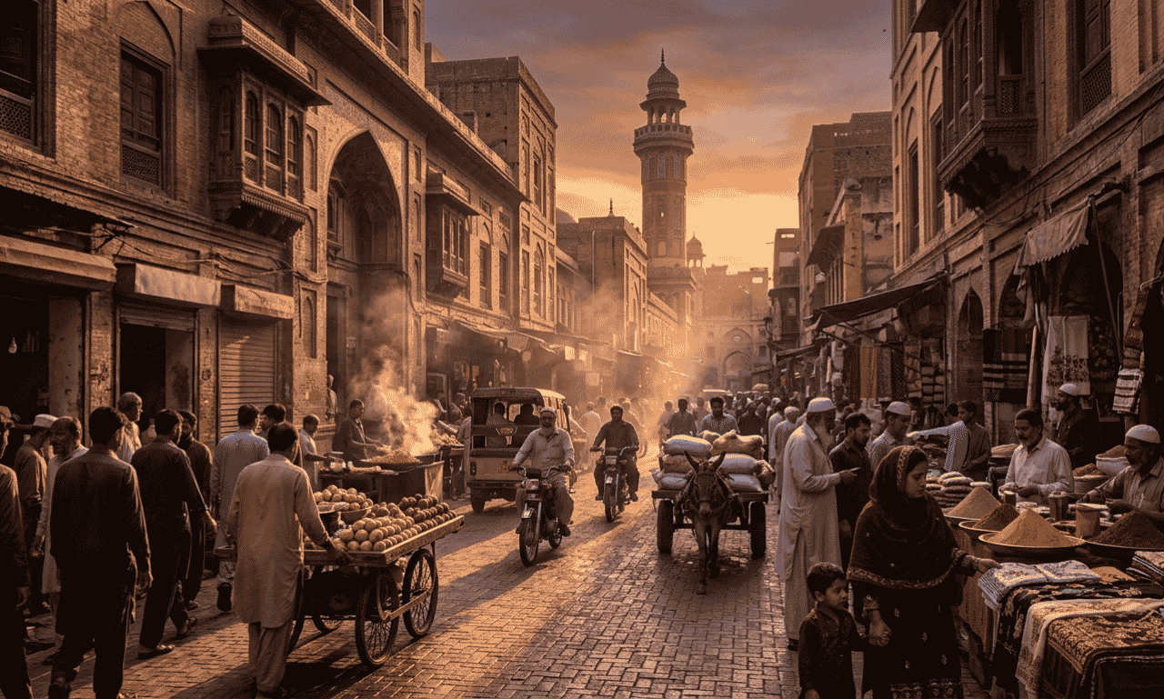 New week blessing image of a busy market street at sunset with people, vendors, and a mosque minaret