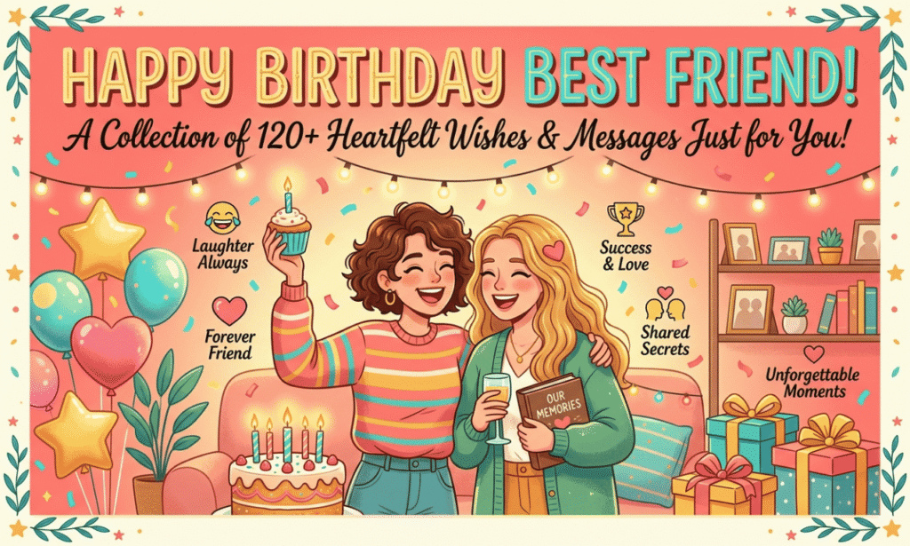 Happy birthday best friend image with two friends, birthday cake, balloons, gifts, and heartfelt wishes