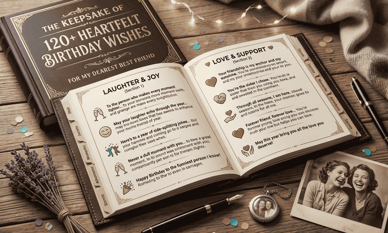 Happy birthday best friend image with an open keepsake book, heartfelt birthday wishes, and a vintage friendship photo