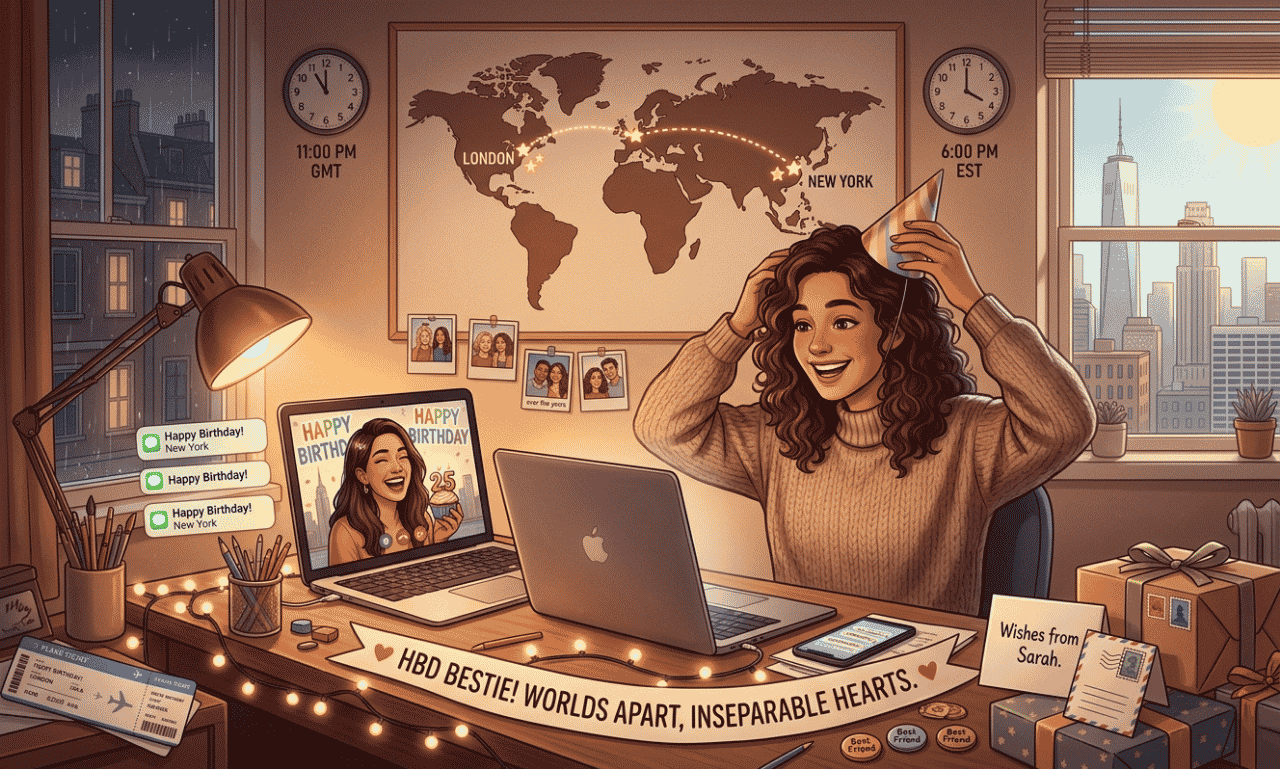 Happy birthday best friend images showing two long-distance friends celebrating over a video call