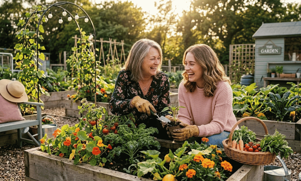 Mother and daughter laughing while gardening together, illustrating happy birthday mom wishes from daughter.