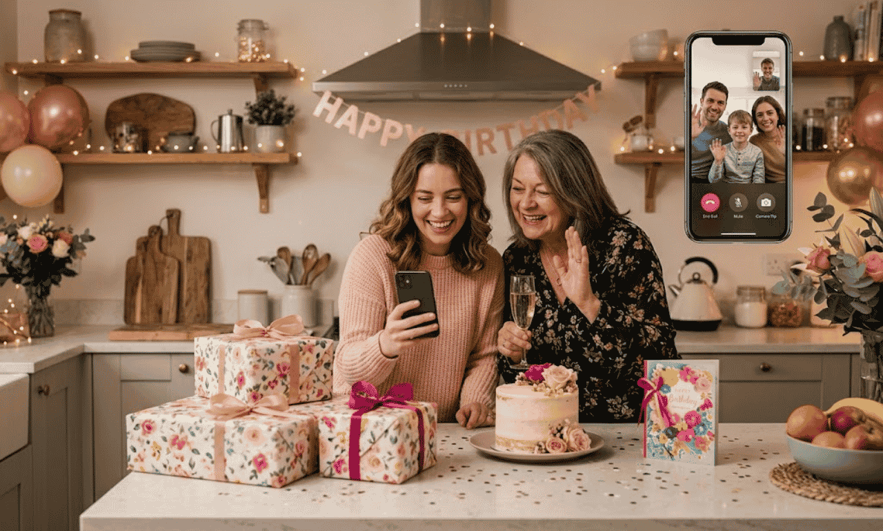 Happy birthday mom wishes from daughter, celebrating with cake, gifts, and a family video call.