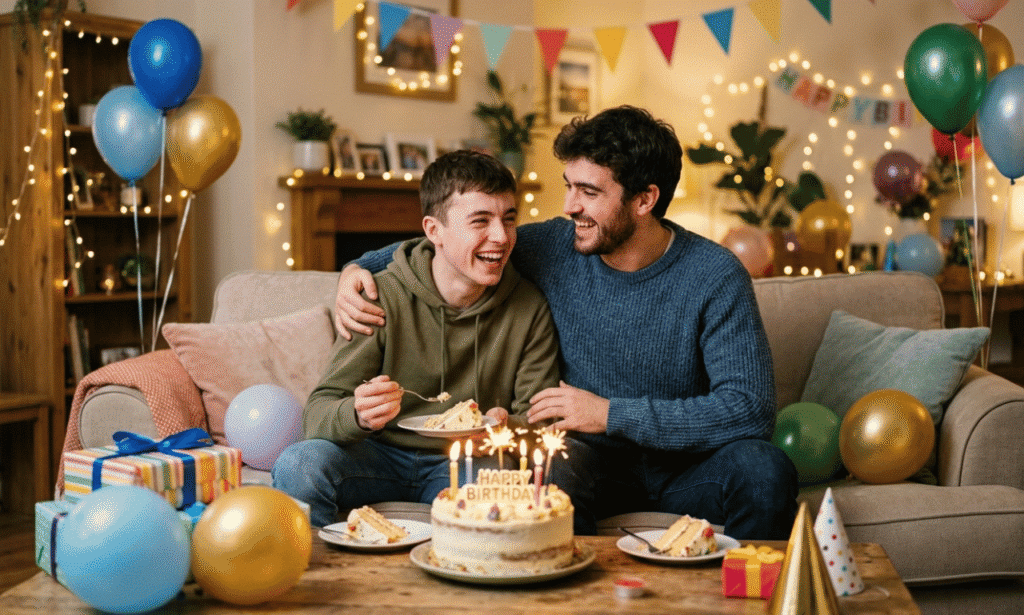 Birthday celebration for brothers with cake, balloons, and gifts