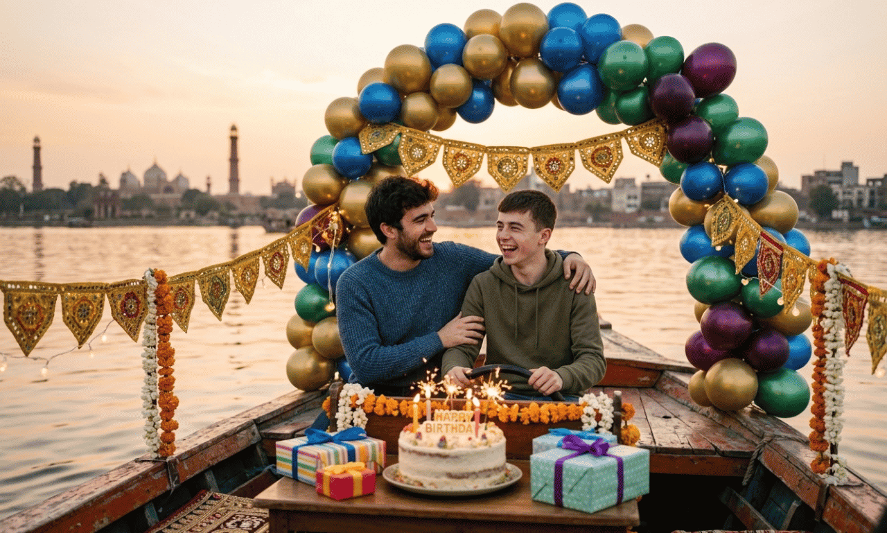 Birthday wishes for brother with cake, balloons, and gifts