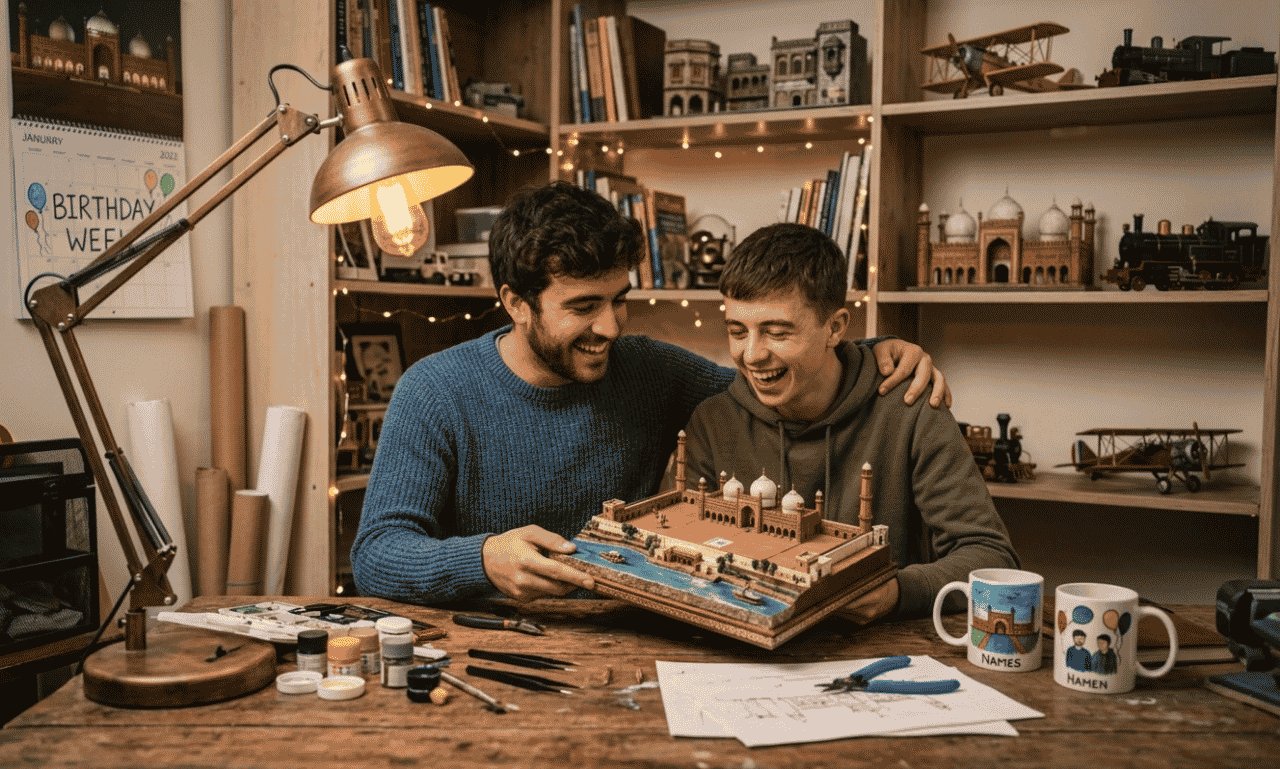 Brothers sharing a happy birthday moment with a handmade gift