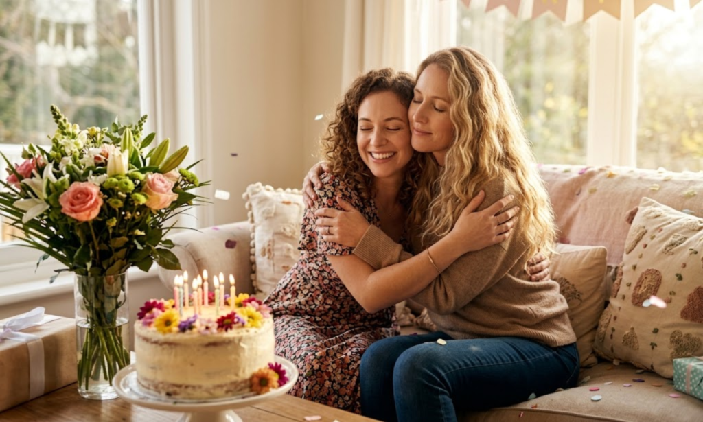 Sisters hugging beside a birthday cake with flowers at a birthday celebration