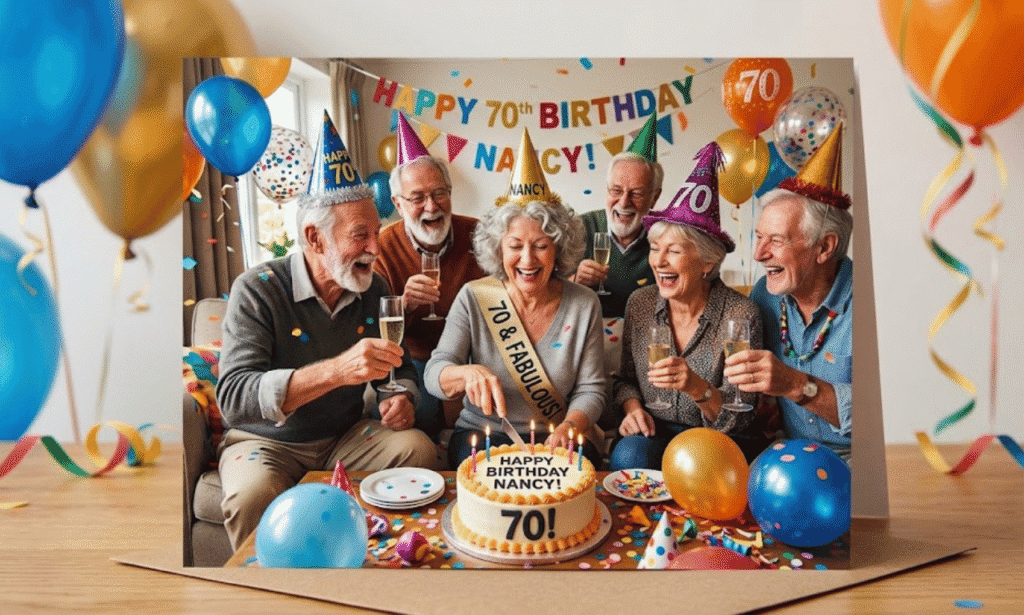 Funny 70th birthday celebration with a laughing woman, family, colorful balloons, gifts, and a birthday cake with 70 candles.