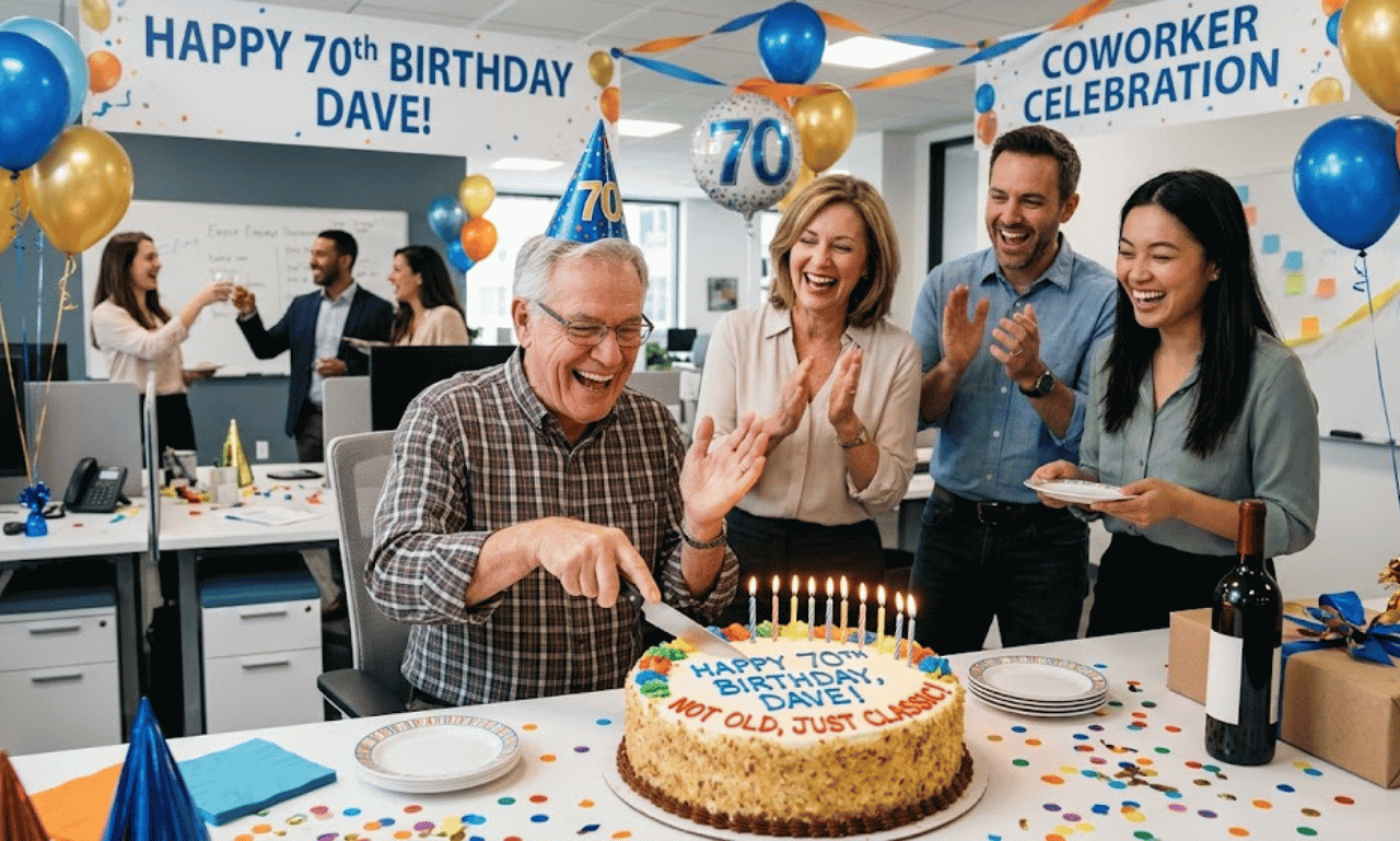 Funny 70th birthday wishes image showing a coworker or boss celebrating with cake, balloons, and smiling colleagues
