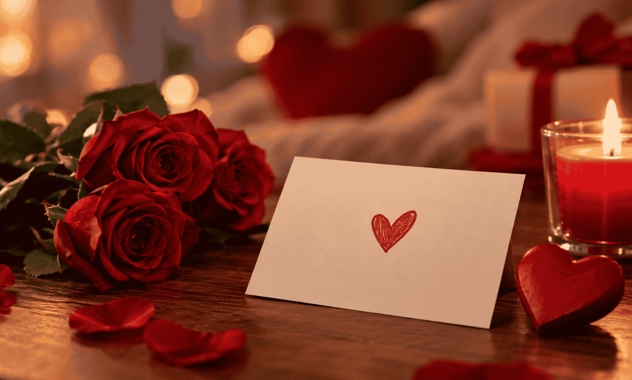 Romantic Valentine’s Day quotes with red roses, a heart card, and candlelight for your partner