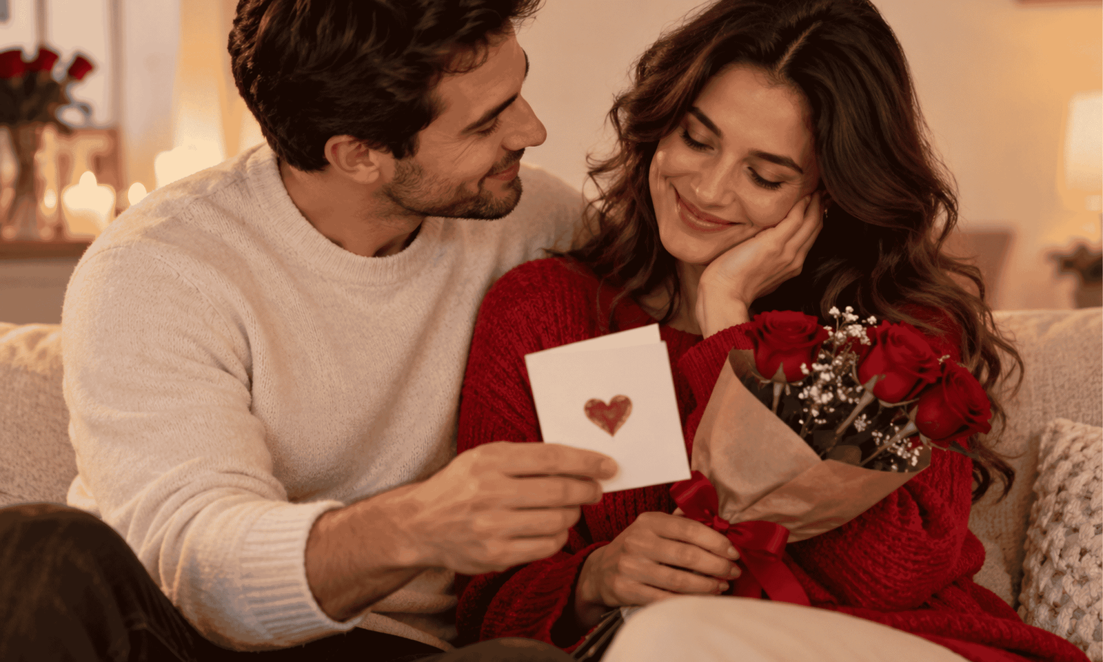 Husband surprising his wife with red roses and a romantic Valentine’s Day card at home