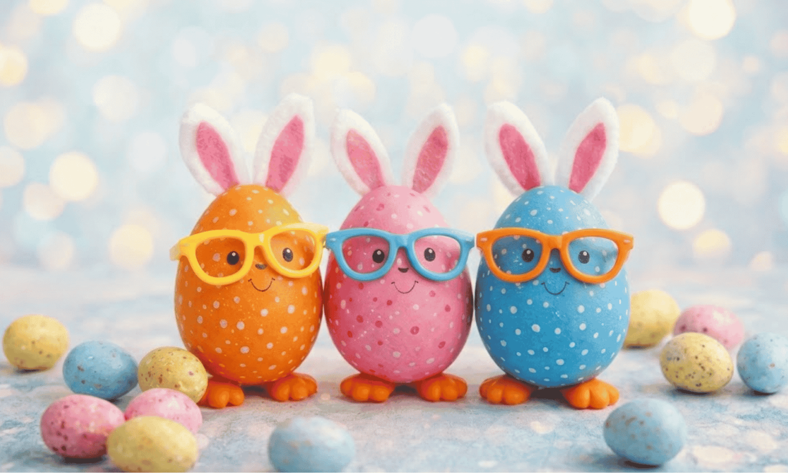 Funny Easter Sunday wishes with colorful Easter eggs and spring decorations
